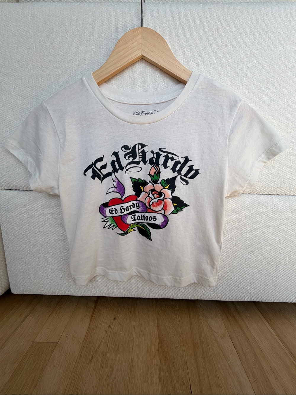 Ed Hardy White Graphic Tee with Floral Tattoo Print